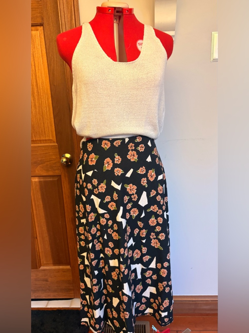 RVCA Black Floral Skirt with Rust and Cream Blossoms Midi Length L/12
